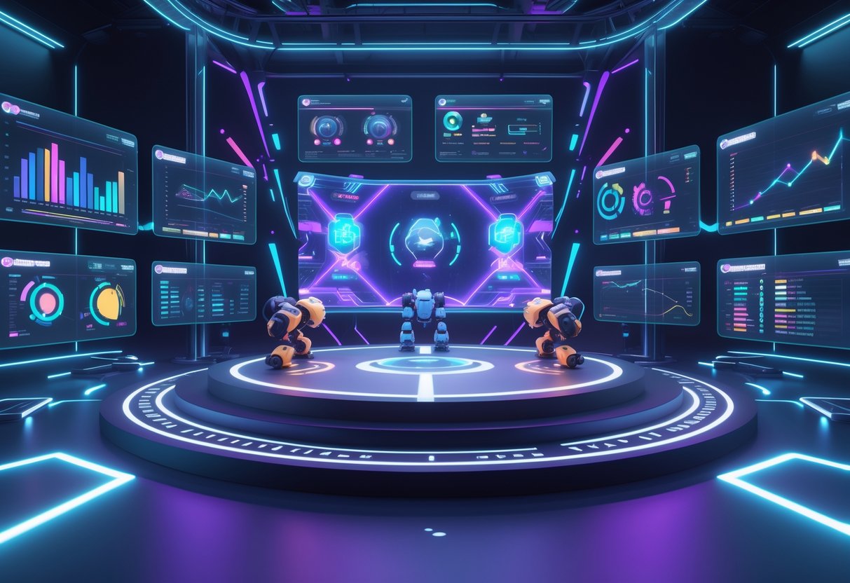 A 3D scene showing a futuristic digital arena with AI avatars competing, surrounded by floating data panels and graphs in a high-tech control room.