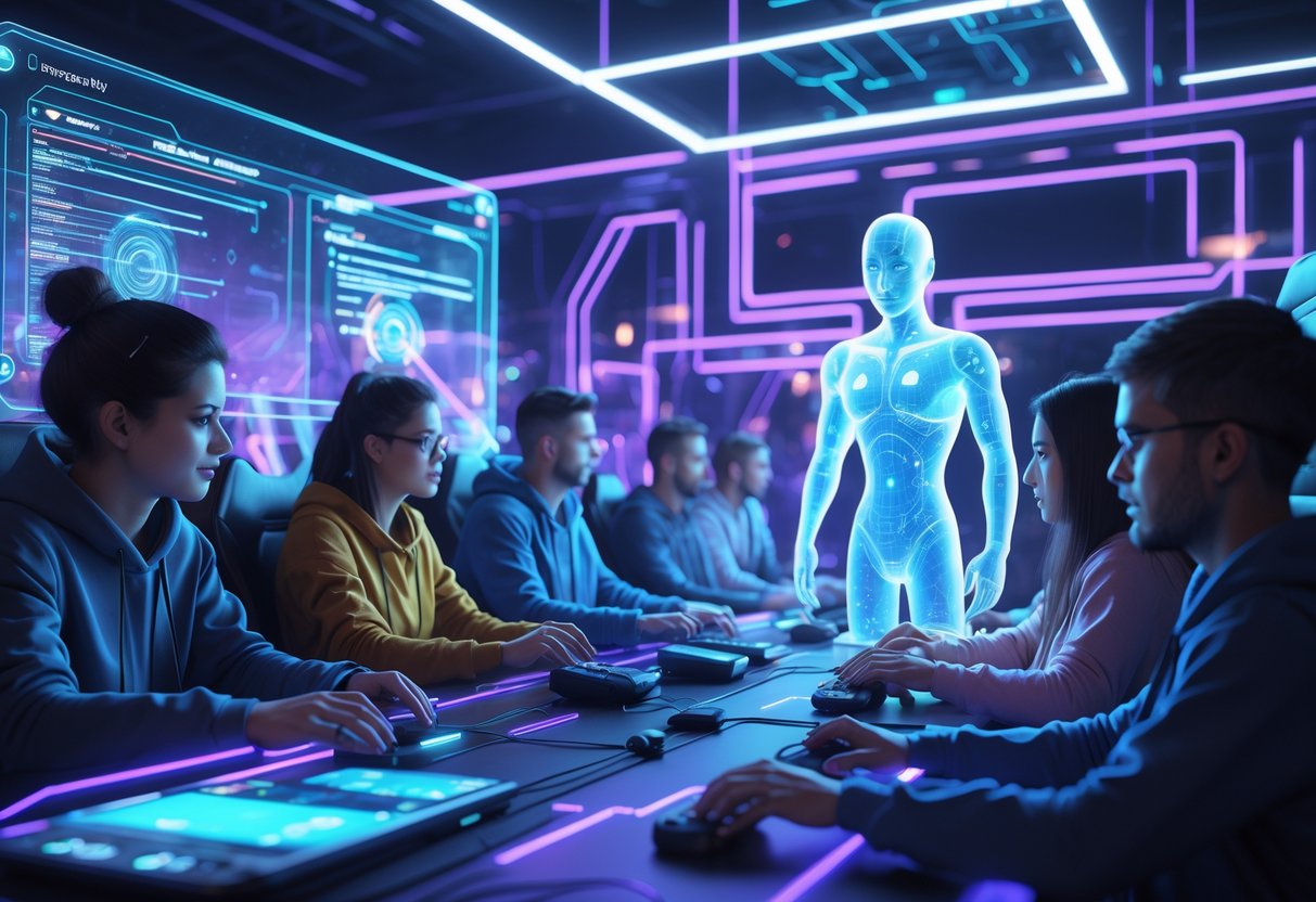 A group of players in a virtual gaming world protected by a glowing AI figure monitoring gameplay to prevent cheating.