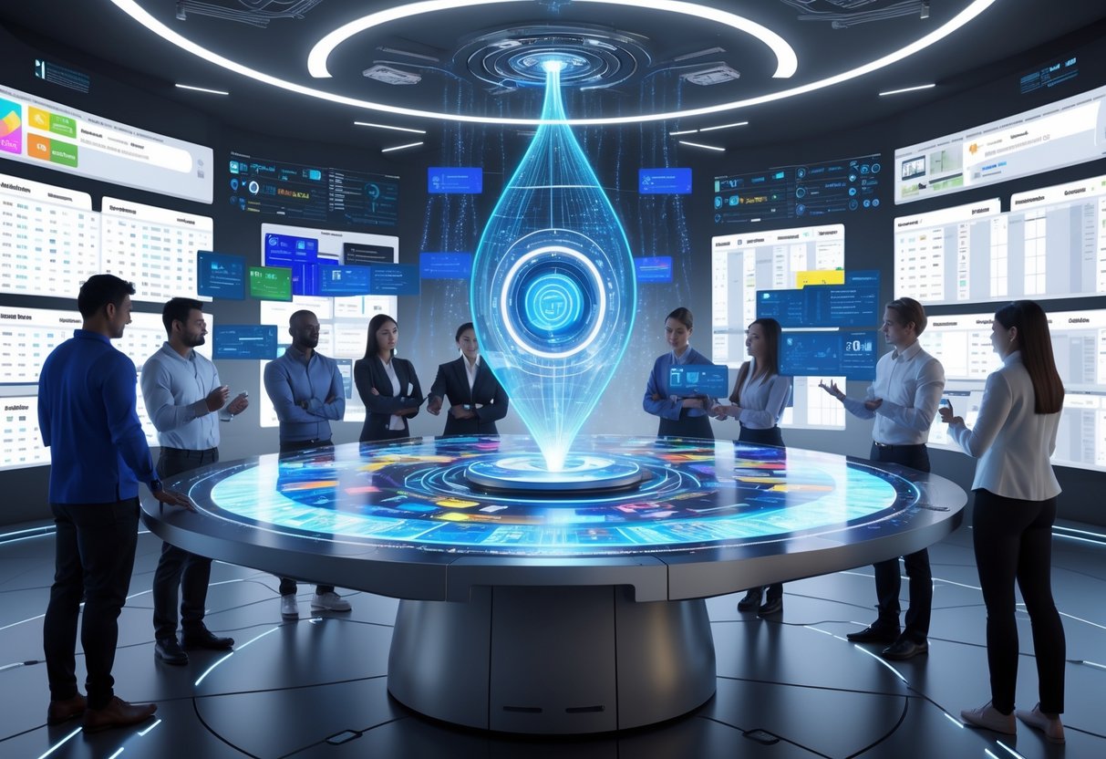 A group of people gathered around a glowing holographic table in a high-tech room, interacting with an AI system organising a tournament.