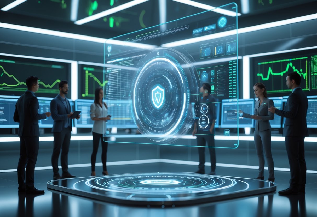 A futuristic control room with a large holographic display showing digital security data and virtual avatars interacting with it.