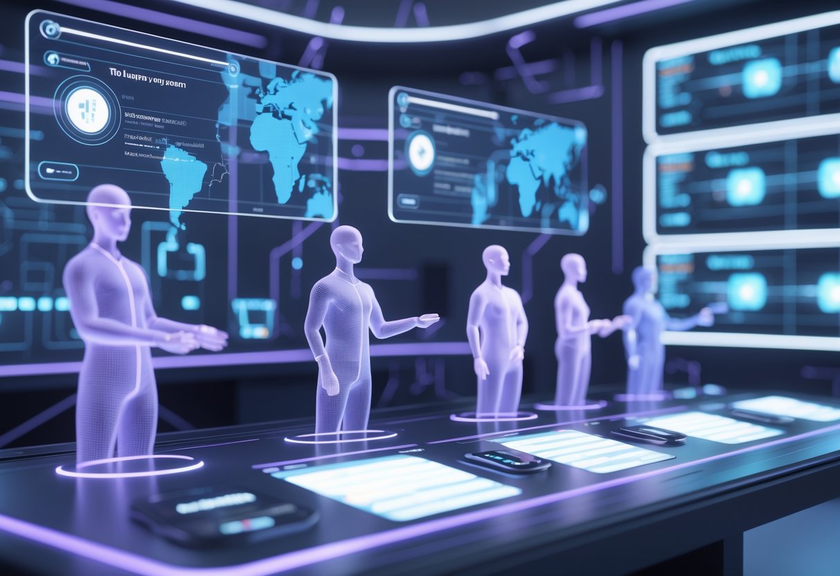 A futuristic control room with holographic displays showing a digital interface for managing tournament registration and entries, with several user figures interacting with the system.