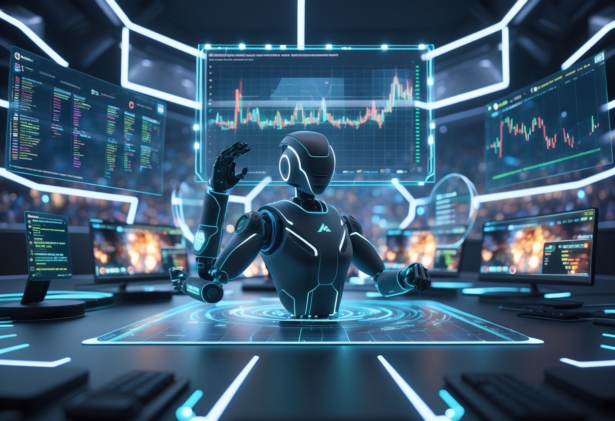 A futuristic control room with holographic screens showing data and player avatars, a robotic assistant analysing esports players, and digital graphs representing AI technology.