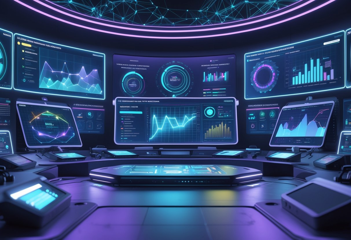 A futuristic control room with holographic data displays showing charts and analytics related to AI tournament performance and post-event insights.