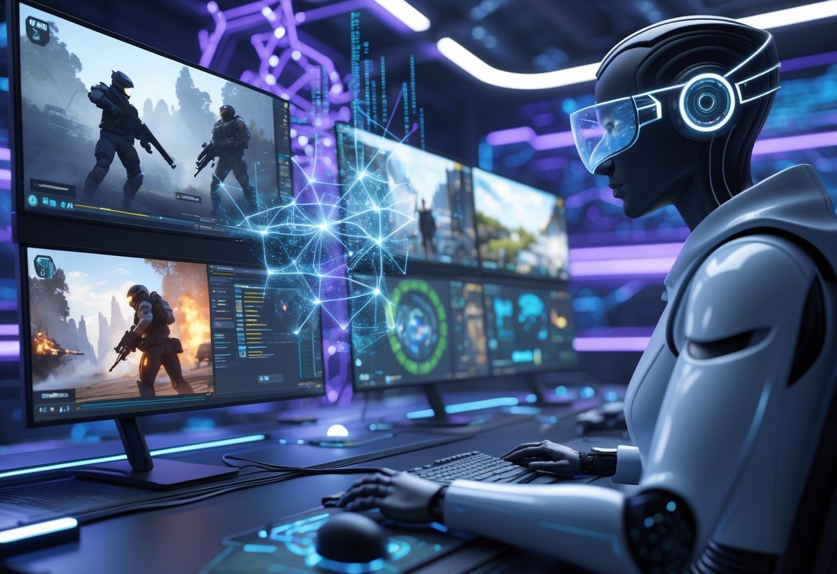 A futuristic control room with holographic screens showing esports gameplay and a robotic figure analysing data.