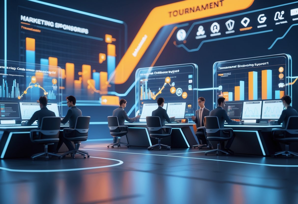 A modern control room with professionals interacting with holographic displays showing marketing and sponsorship data for an AI tournament.
