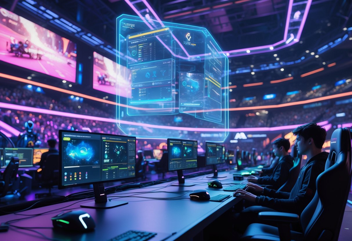 A futuristic esports arena with players competing and a holographic AI interface showing player statistics and performance data.