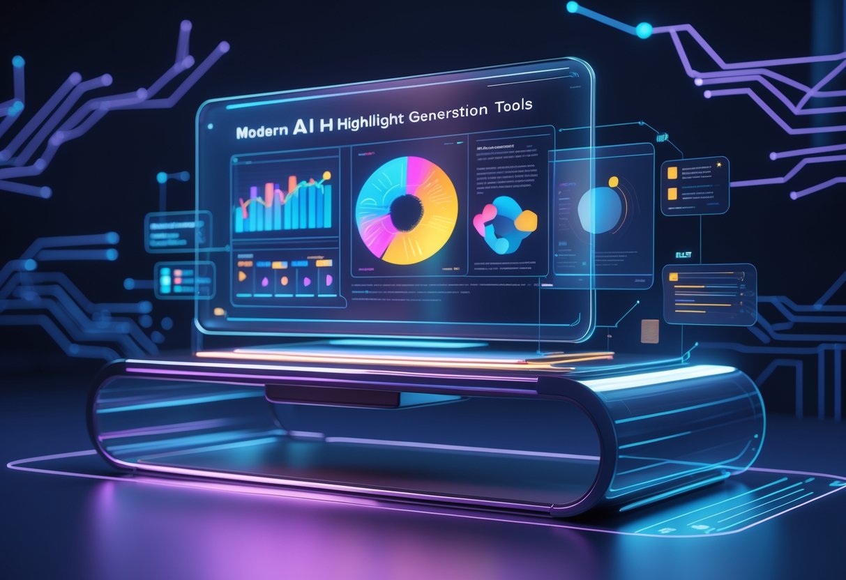 A futuristic digital workspace with a floating holographic display showing colourful data visualisations and AI-related icons.