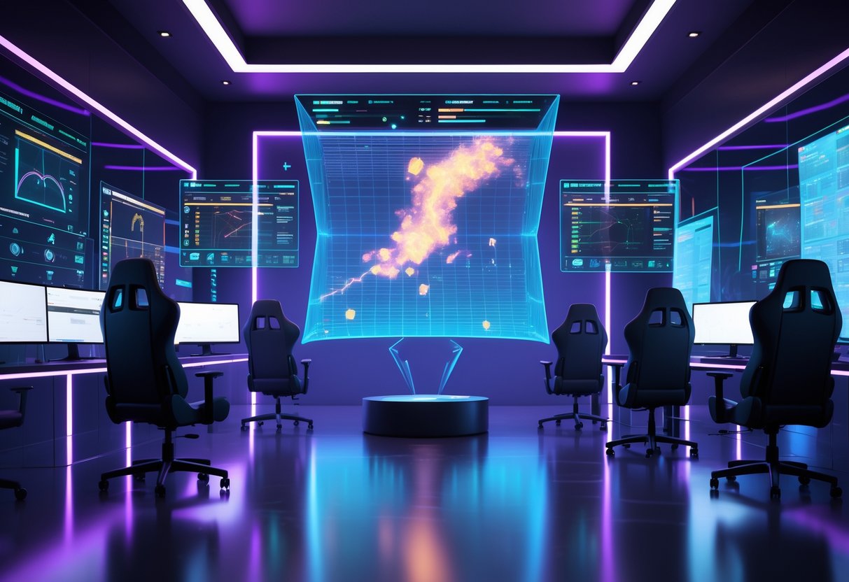 A futuristic esports analysis room with holographic displays showing player movement and performance data, surrounded by gaming equipment and digital screens.
