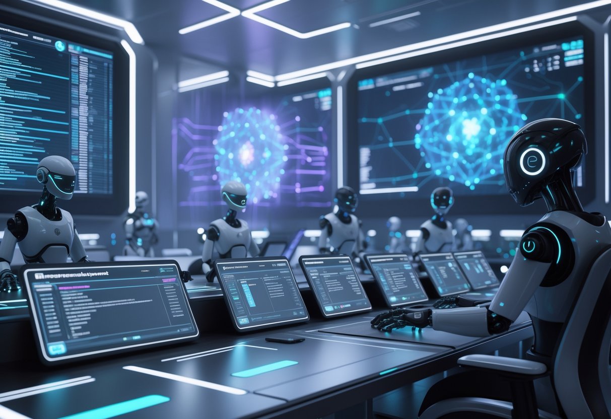 A futuristic control room where humanoid robots interact with holographic displays to organise an AI tournament.