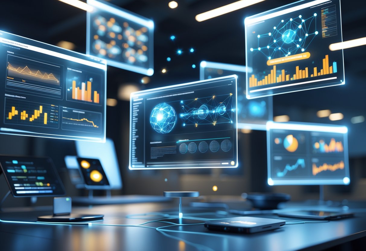A 3D scene showing futuristic holographic displays with data streams and neural network patterns representing AI highlight generation solutions in a modern tech workspace.