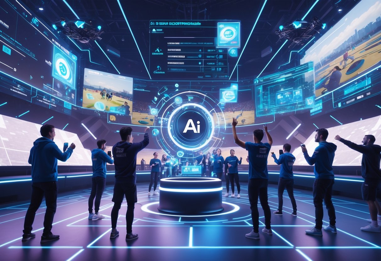 A futuristic esports arena with players and fans interacting with holographic displays and AI technology, showing data and gameplay highlights.