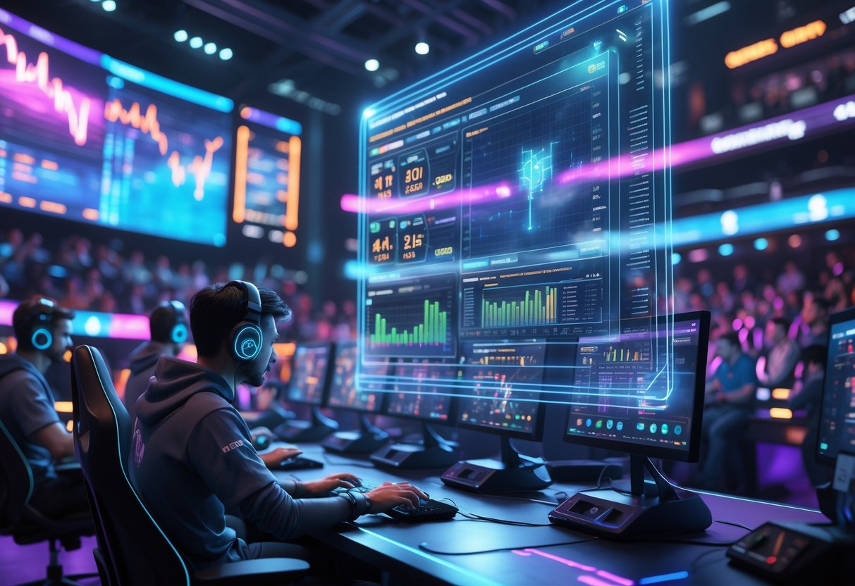 A futuristic esports arena with players competing and a holographic AI interface showing player statistics and game data.