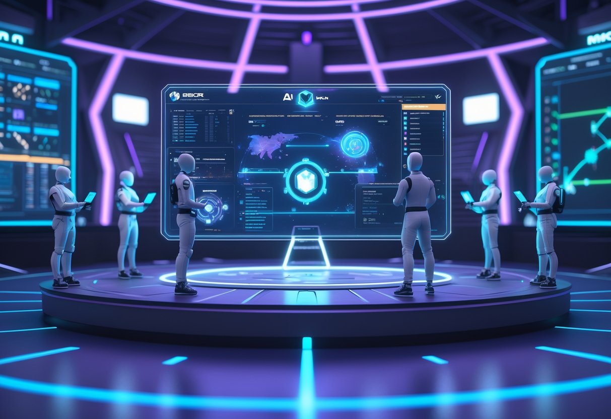 A futuristic esports arena with holographic displays and digital avatars analysing gameplay data.