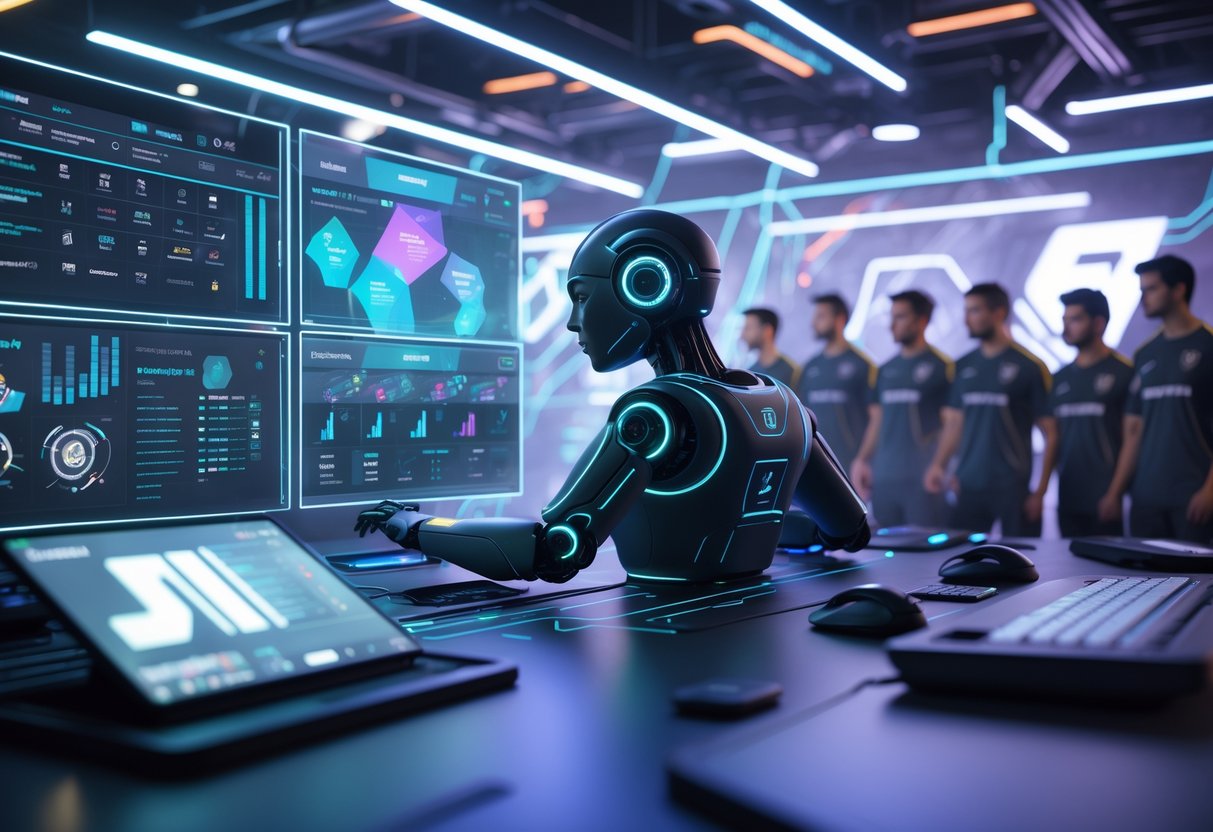A futuristic control room where an AI robot analyses multiple holographic screens showing esports player data while players and coaches watch.