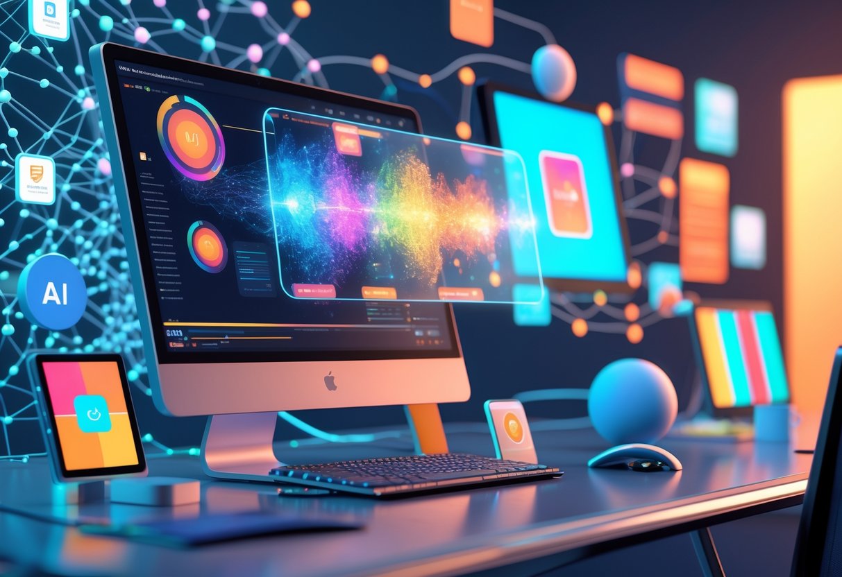 A futuristic workspace with holographic screens showing colourful data and branding elements, surrounded by abstract digital connections.