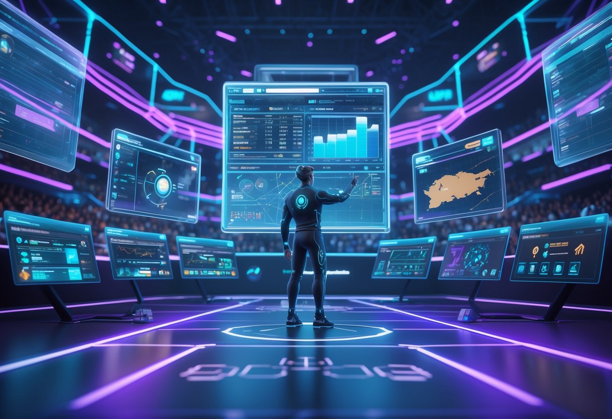A futuristic esports arena with a humanoid AI analysing multiple virtual screens showing player stats and game data.