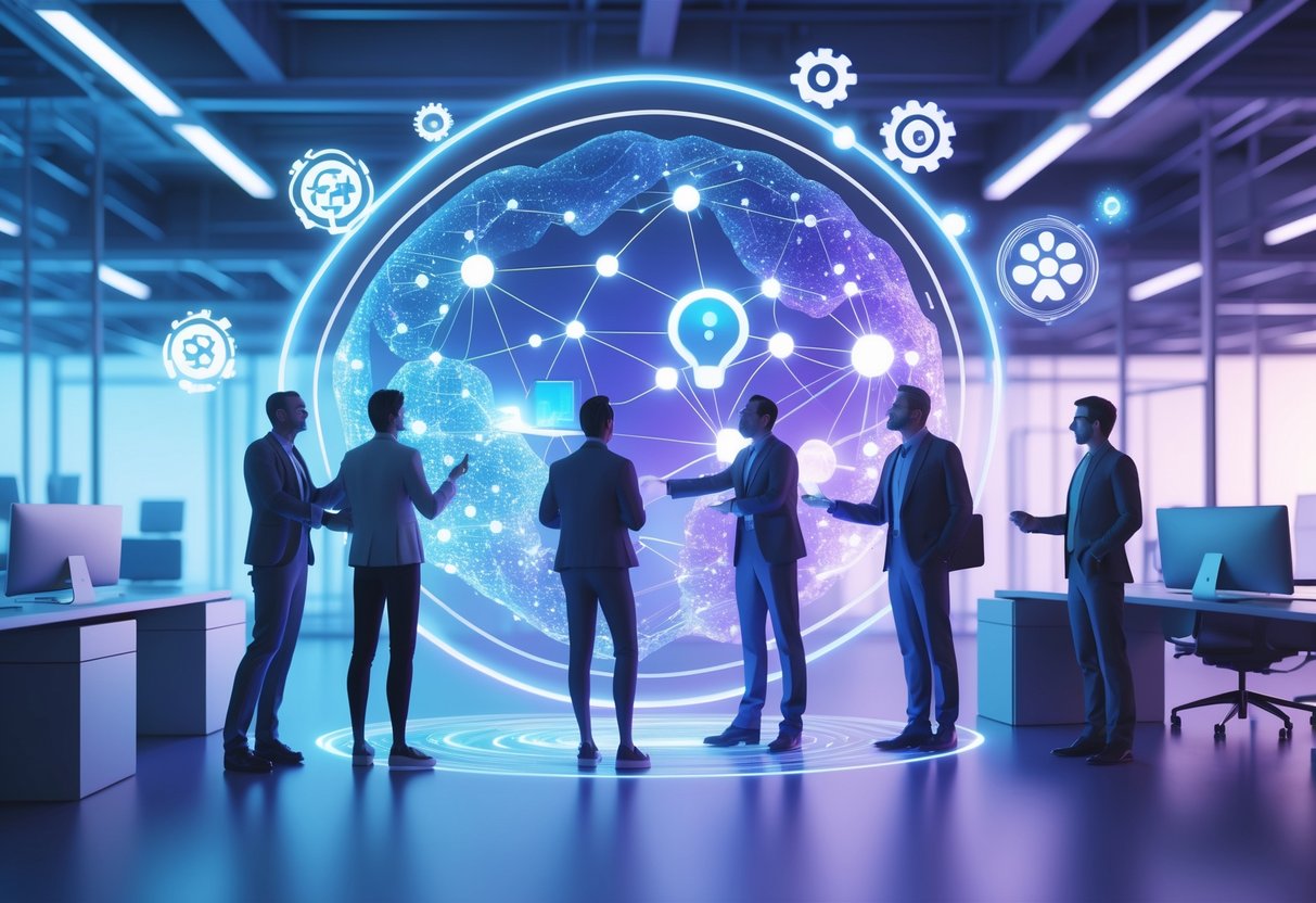 A 3D scene of people working together around a glowing holographic interface with floating AI symbols in a futuristic office setting.