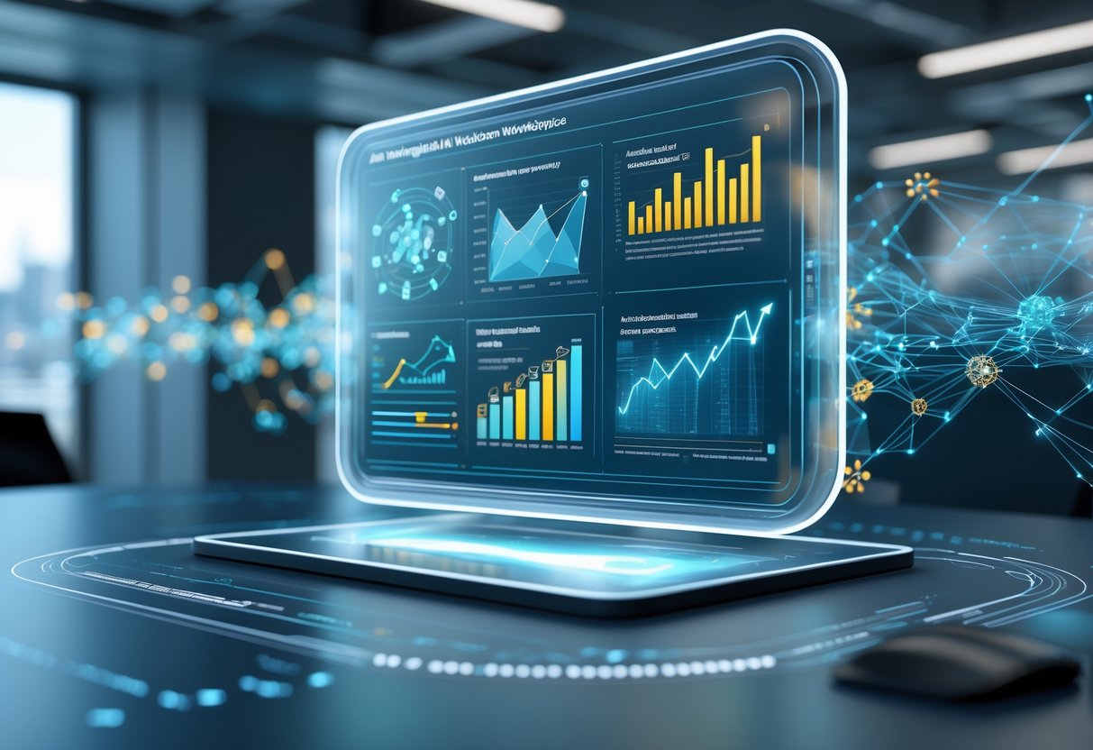 A 3D scene showing a futuristic digital workspace with holographic interfaces displaying AI-generated content highlights, graphs, and data streams in a modern office setting.