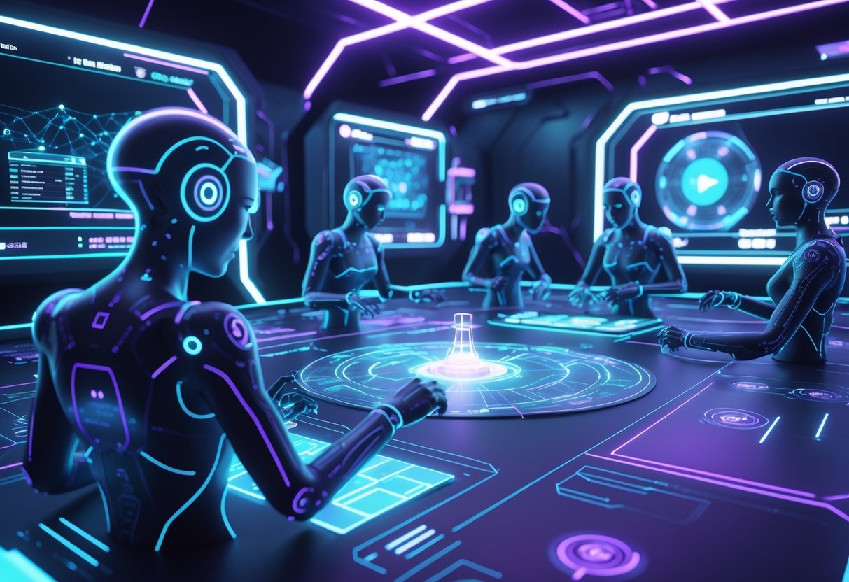 A futuristic scene showing humanoid AI figures training in a virtual gaming arena with glowing holograms and digital interfaces.