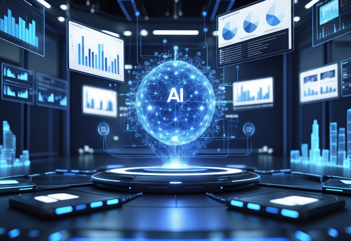 A futuristic control centre with holographic displays showing AI-generated video highlights and data visualisations connected to a glowing AI core.