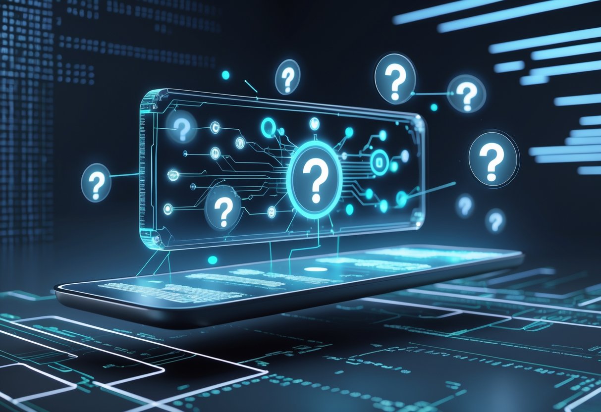 A futuristic 3D scene showing a floating holographic display with glowing interconnected nodes and digital icons representing AI processing of questions and answers.