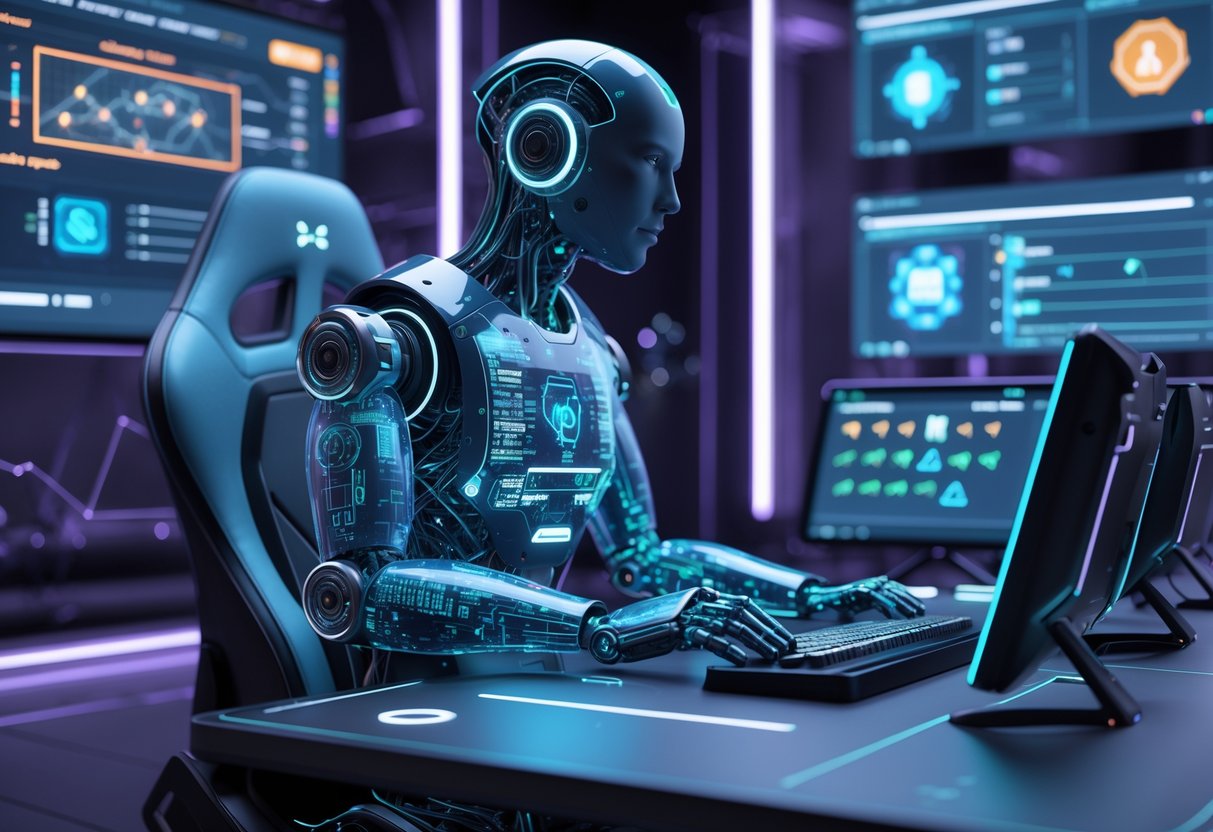 A humanoid robot interacting with holographic gaming elements in a futuristic gaming lab.