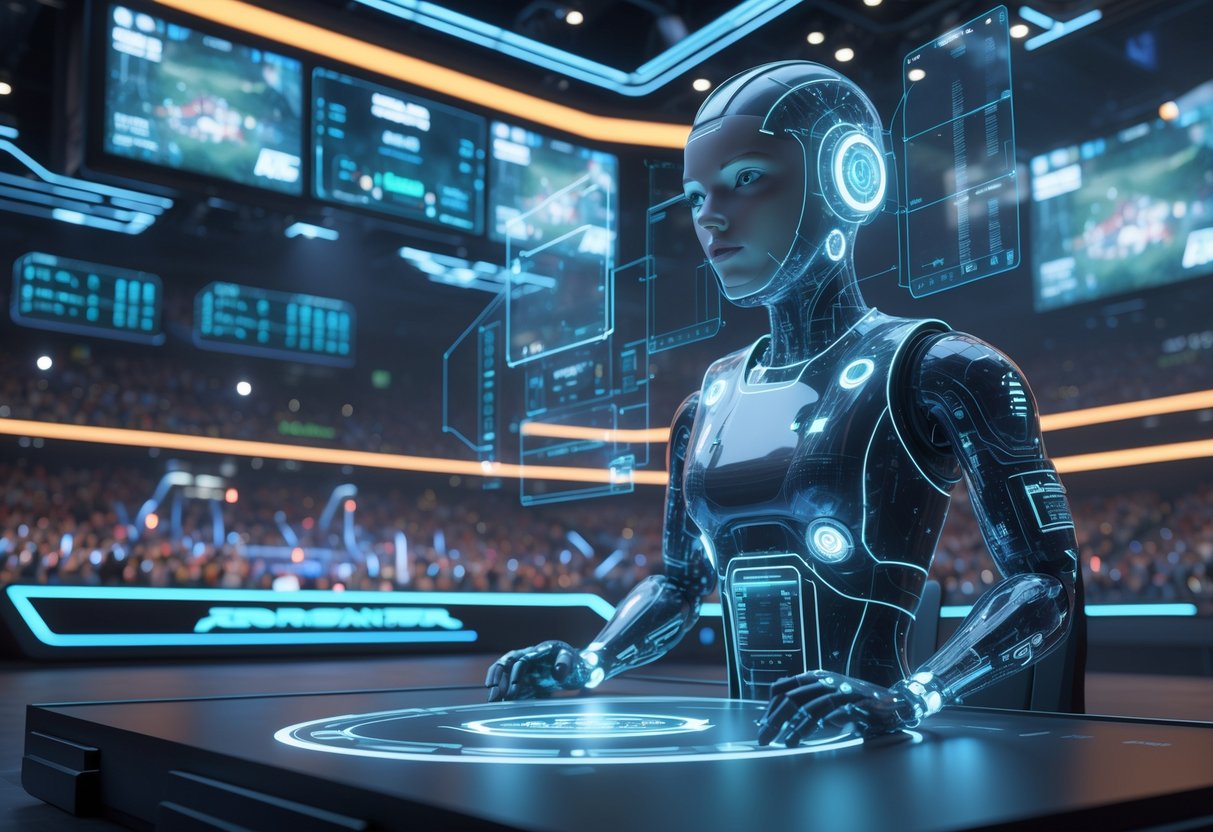 A futuristic esports arena with a transparent AI referee monitoring a match between two teams, surrounded by holographic data and digital displays.