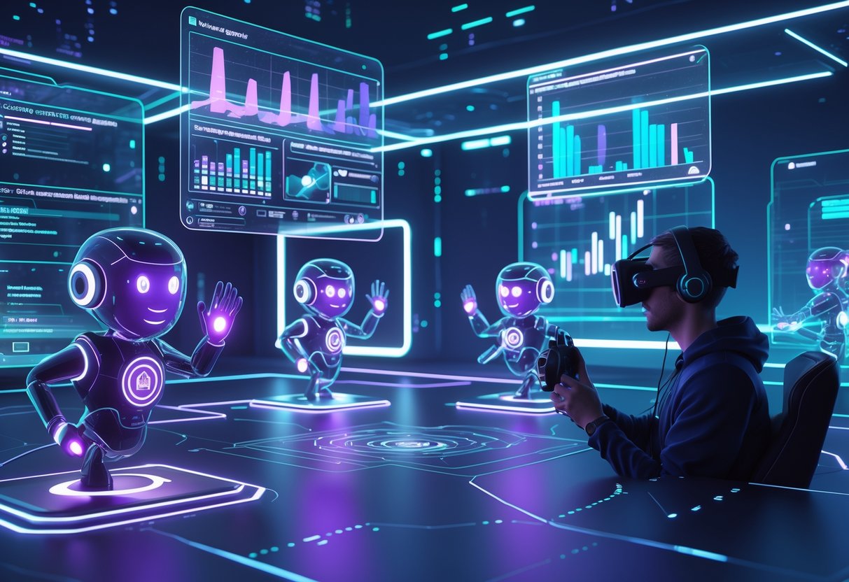 A human player wearing a VR headset interacts with glowing AI avatars in a futuristic gaming arena filled with floating data displays and holograms showing player performance and adaptive difficulty.