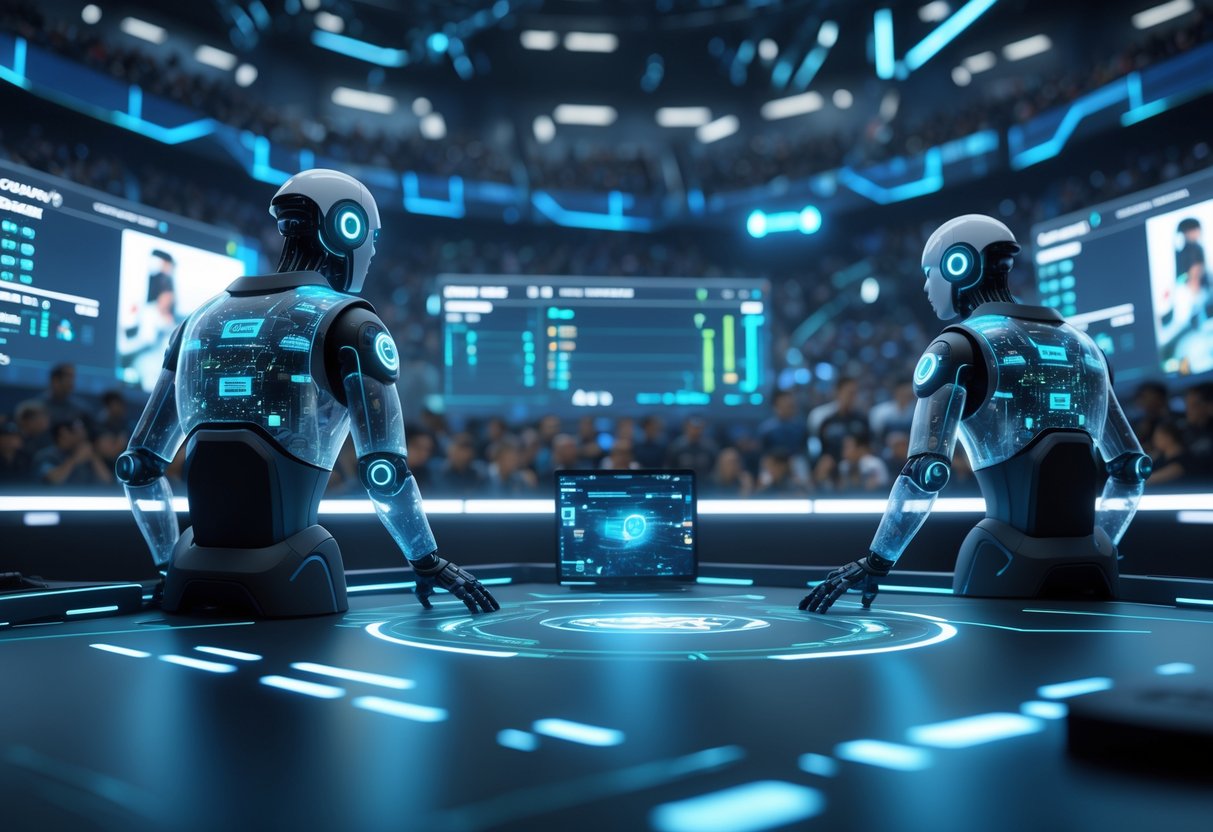 A futuristic esports arena with humanoid AI referees monitoring a gaming match surrounded by holographic displays and a crowd of spectators.