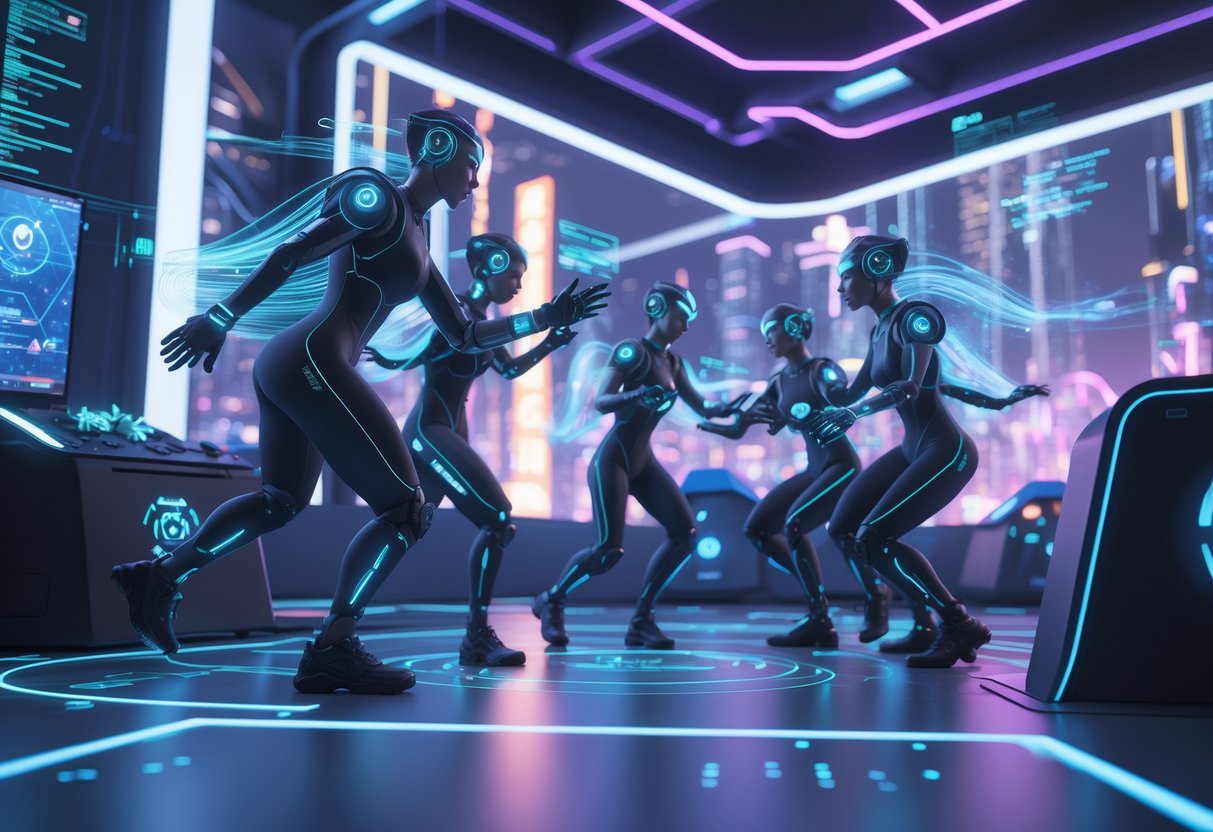 A futuristic gaming scene with human players interacting with humanoid AI avatars surrounded by holographic displays and digital landscapes.
