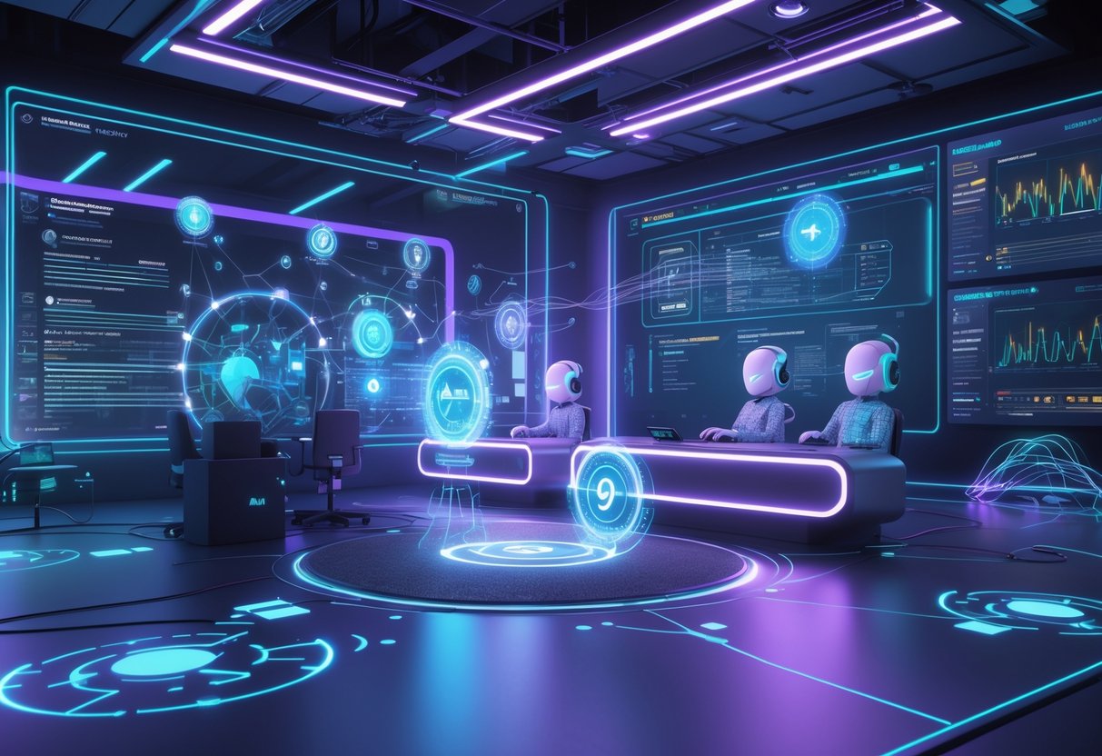 A futuristic virtual training room with holographic AI avatars and glowing digital interfaces representing AI partners in gaming.