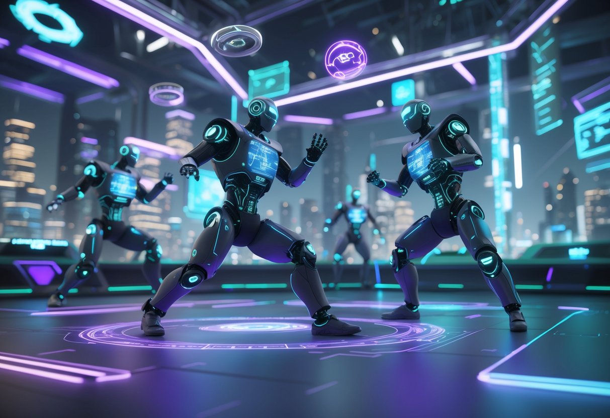 A futuristic scene showing humanoid AI robots in a virtual gaming arena surrounded by holographic displays and digital elements.