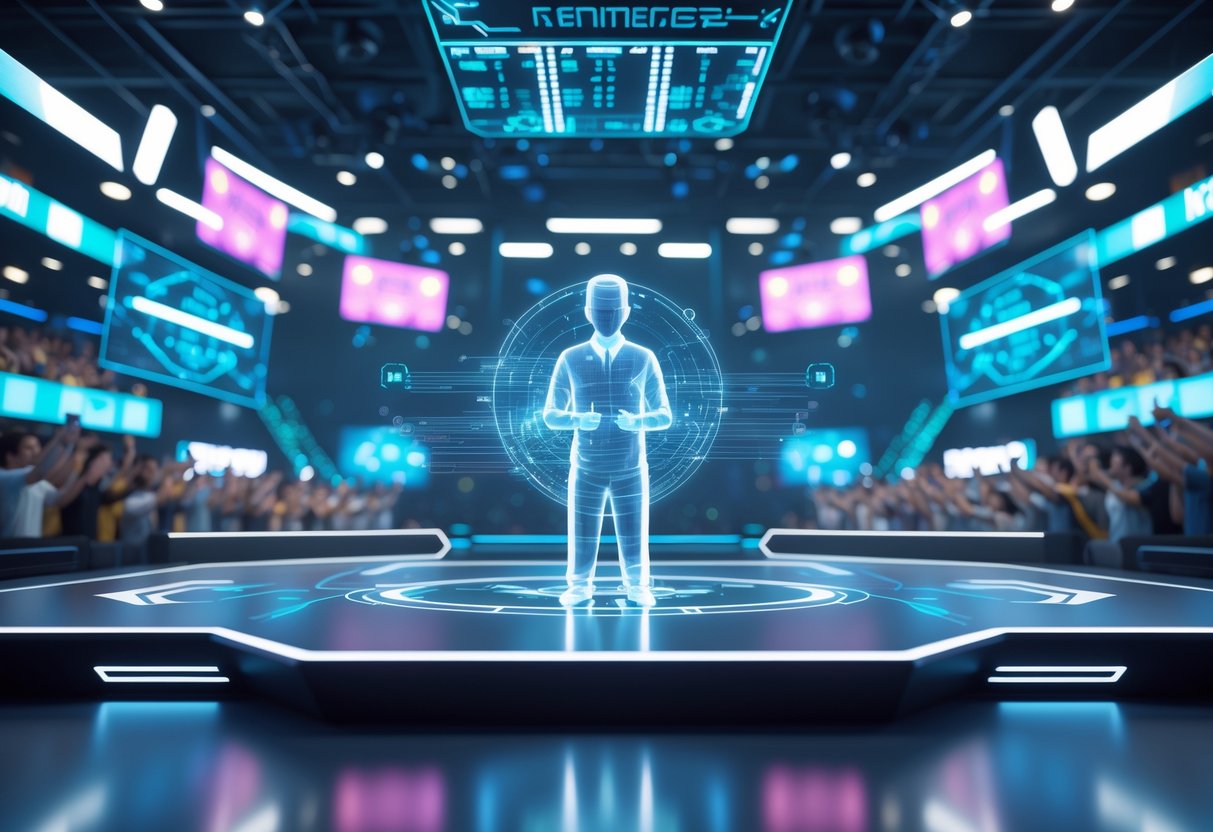 A futuristic esports arena with a holographic AI referee monitoring a gaming match surrounded by digital displays and a virtual crowd.