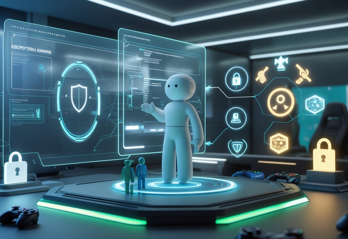 A futuristic gaming scene showing an AI figure interacting with gamers surrounded by symbols of privacy, ethics, and responsible gaming.