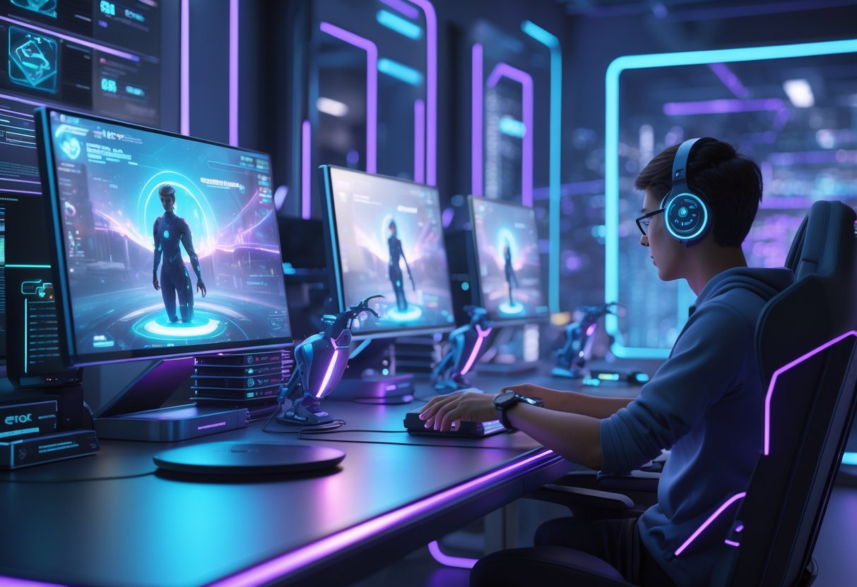 A futuristic gaming room with holographic screens and two AI avatars playing games with a human player.