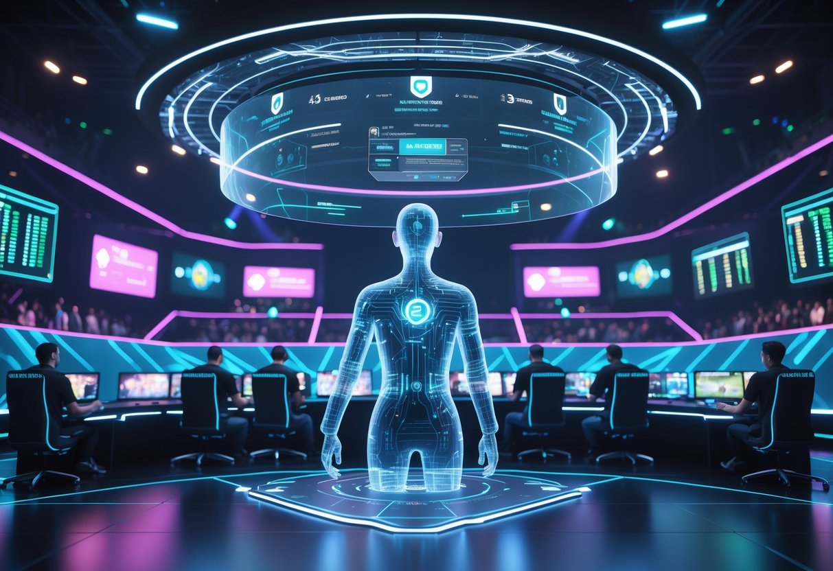 An esports arena with players competing while a transparent AI referee monitors the game using holographic displays and digital data projections.