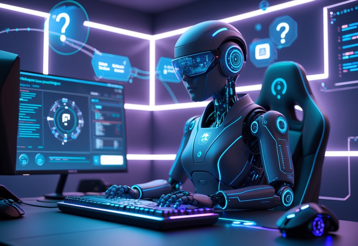 A humanoid robot sitting at a high-tech gaming setup with holographic screens showing game strategies and question icons in a neon-lit room.