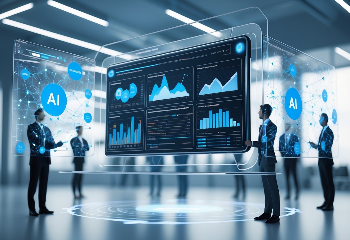 A futuristic digital dashboard showing data visualisations and holographic human figures representing AI analysing employee performance in a modern office setting.