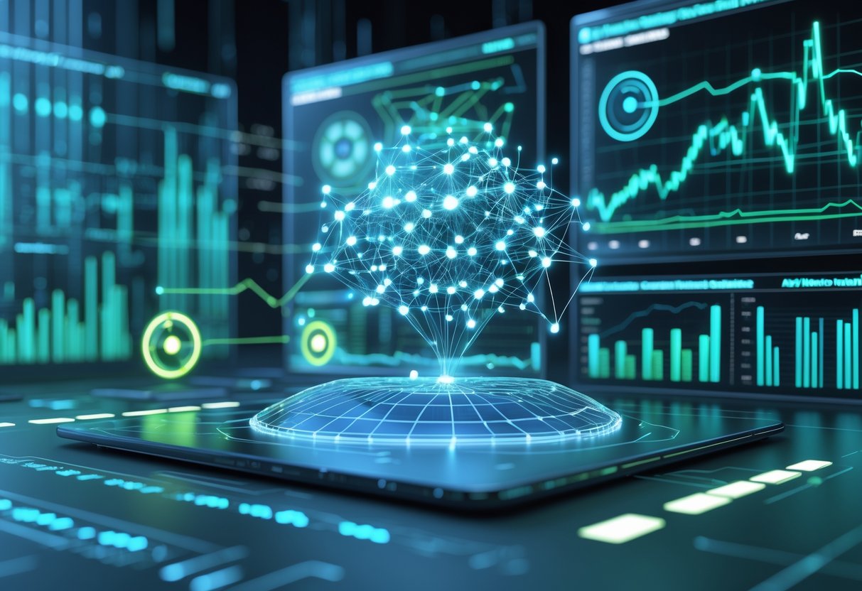 A futuristic control room with holographic screens showing graphs and data streams around a glowing neural network model representing AI performance analytics.