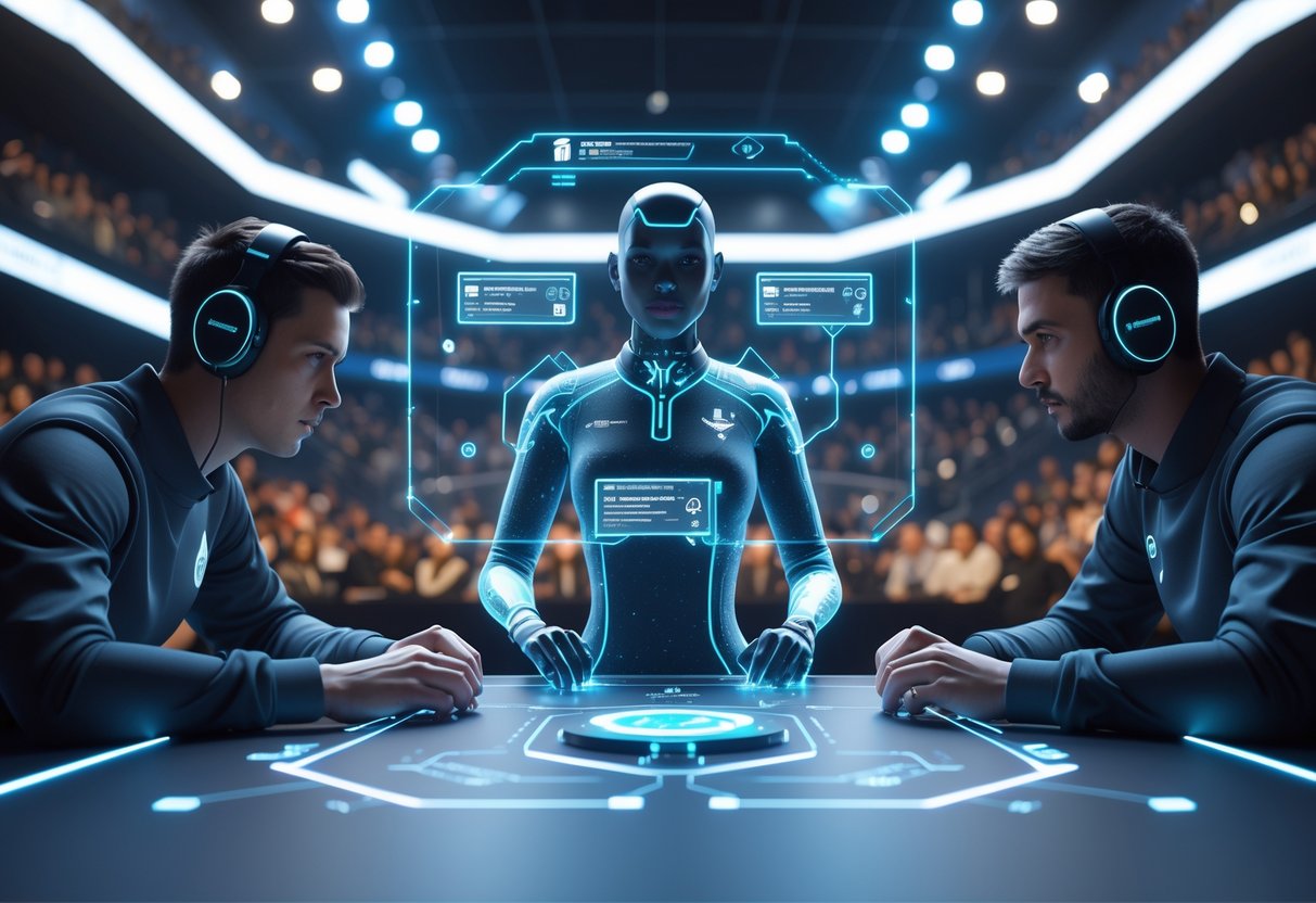 A futuristic esports arena with an AI referee monitoring a match between two players, surrounded by a diverse audience.
