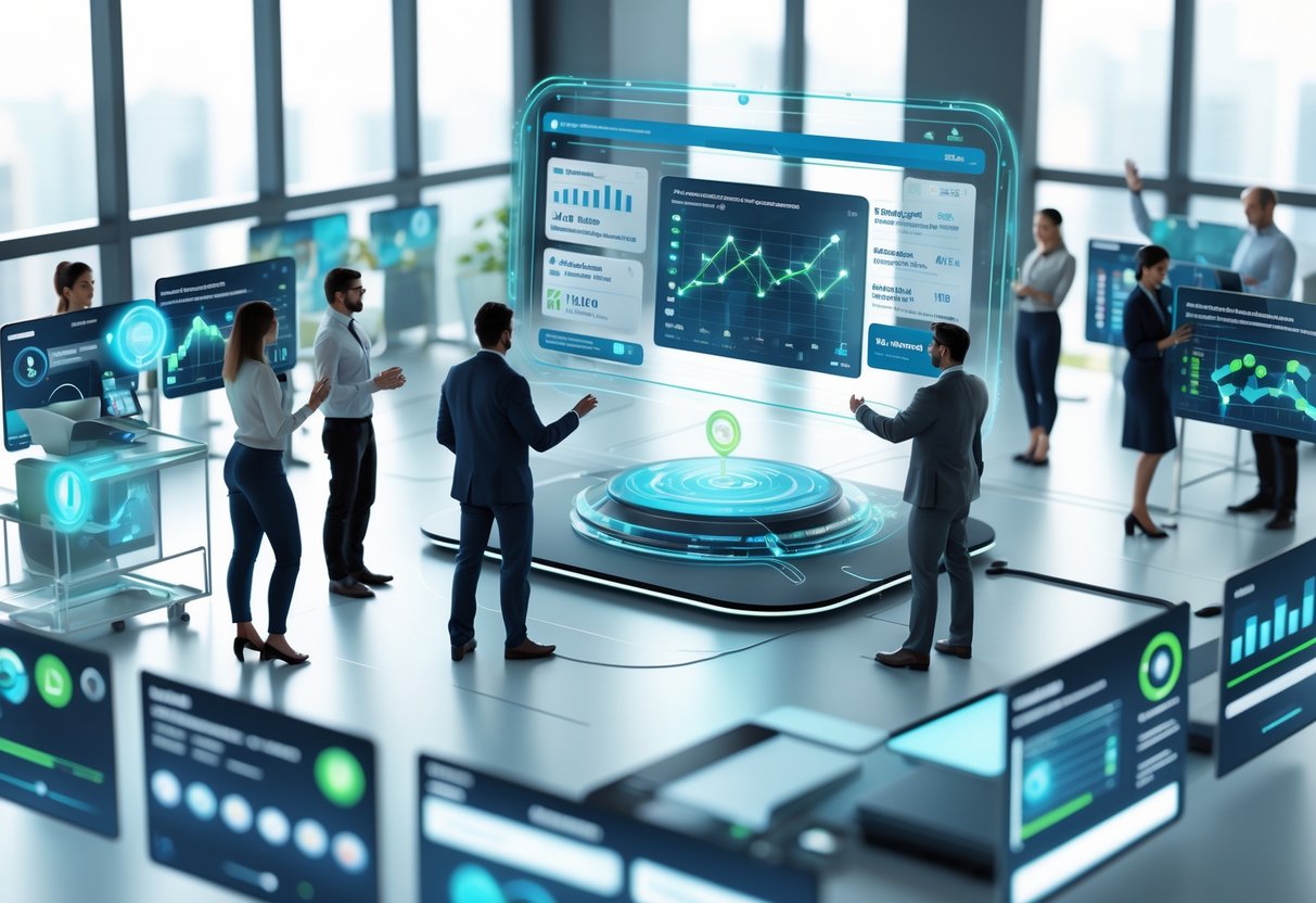 A futuristic office scene showing employees interacting with holographic data displays about performance and development, with a central AI assistant projecting analytics.