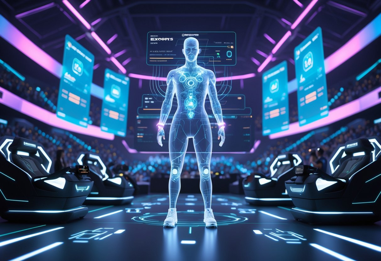 A futuristic esports arena with a glowing AI referee overseeing a competitive match on holographic screens, surrounded by players in high-tech gaming pods and a watching audience.