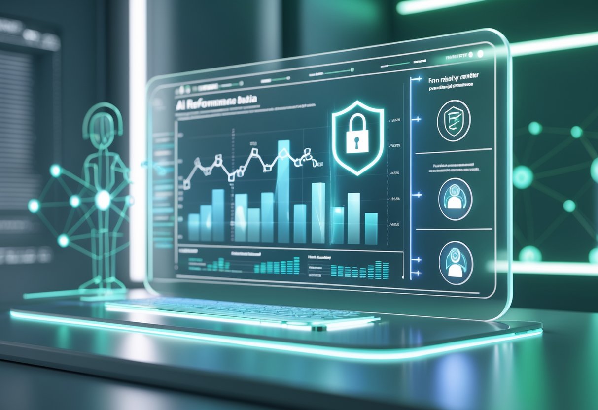 A futuristic digital dashboard showing AI performance data surrounded by holographic symbols of ethics and data privacy in a modern control room.