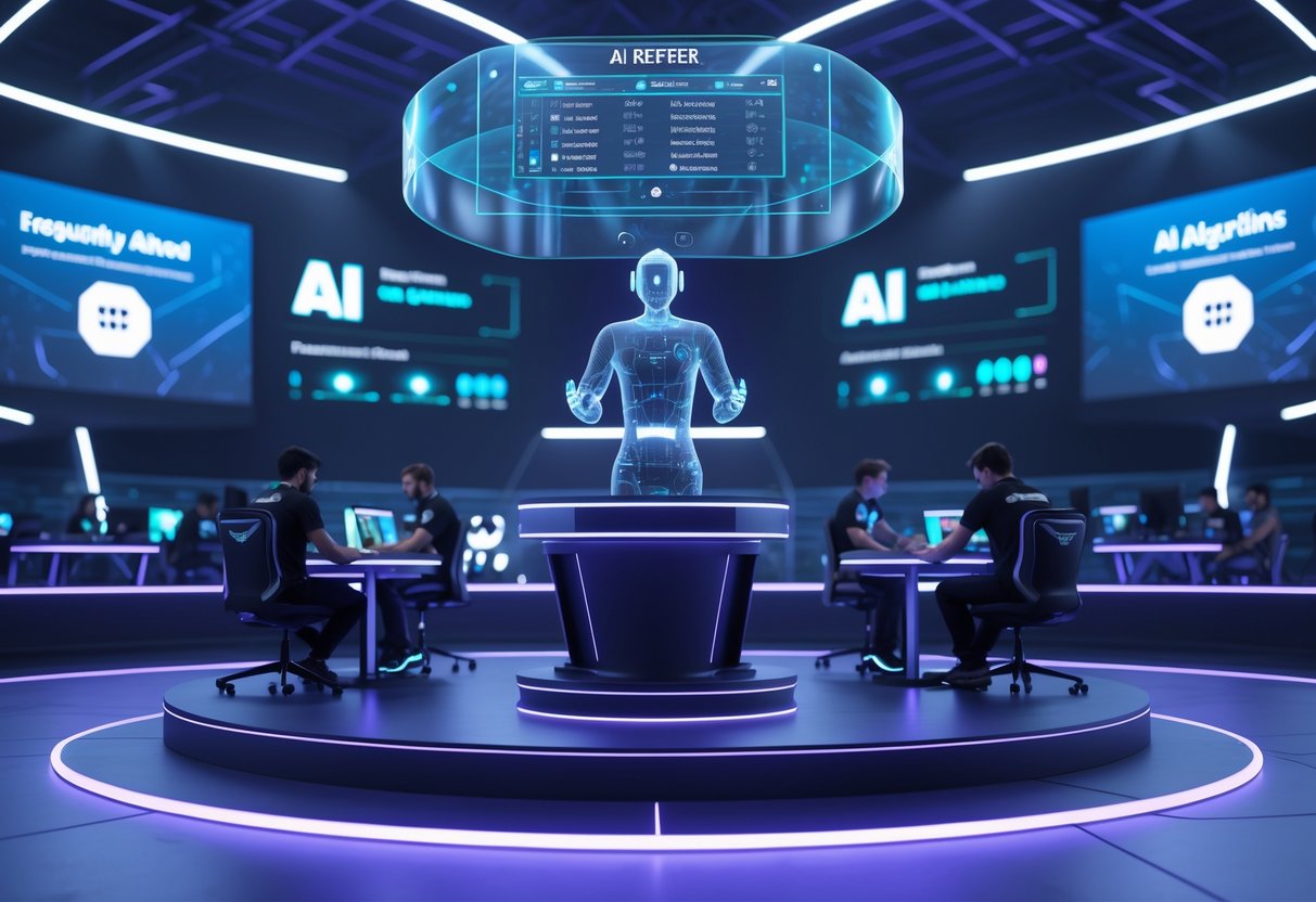 A futuristic esports arena with players competing and a transparent robotic AI referee overseeing the match surrounded by holographic game data displays.