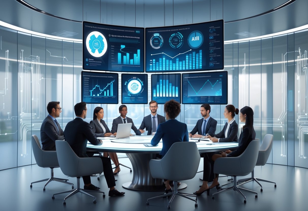 A group of professionals collaborating around a conference table with floating digital screens showing AI performance data in a modern office.