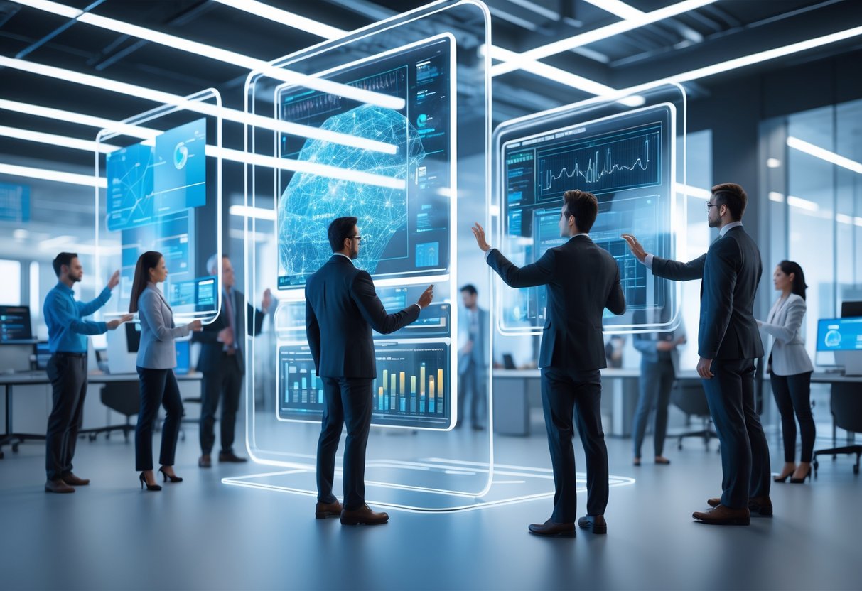 A group of professionals interacting with floating holographic data displays in a futuristic office environment.