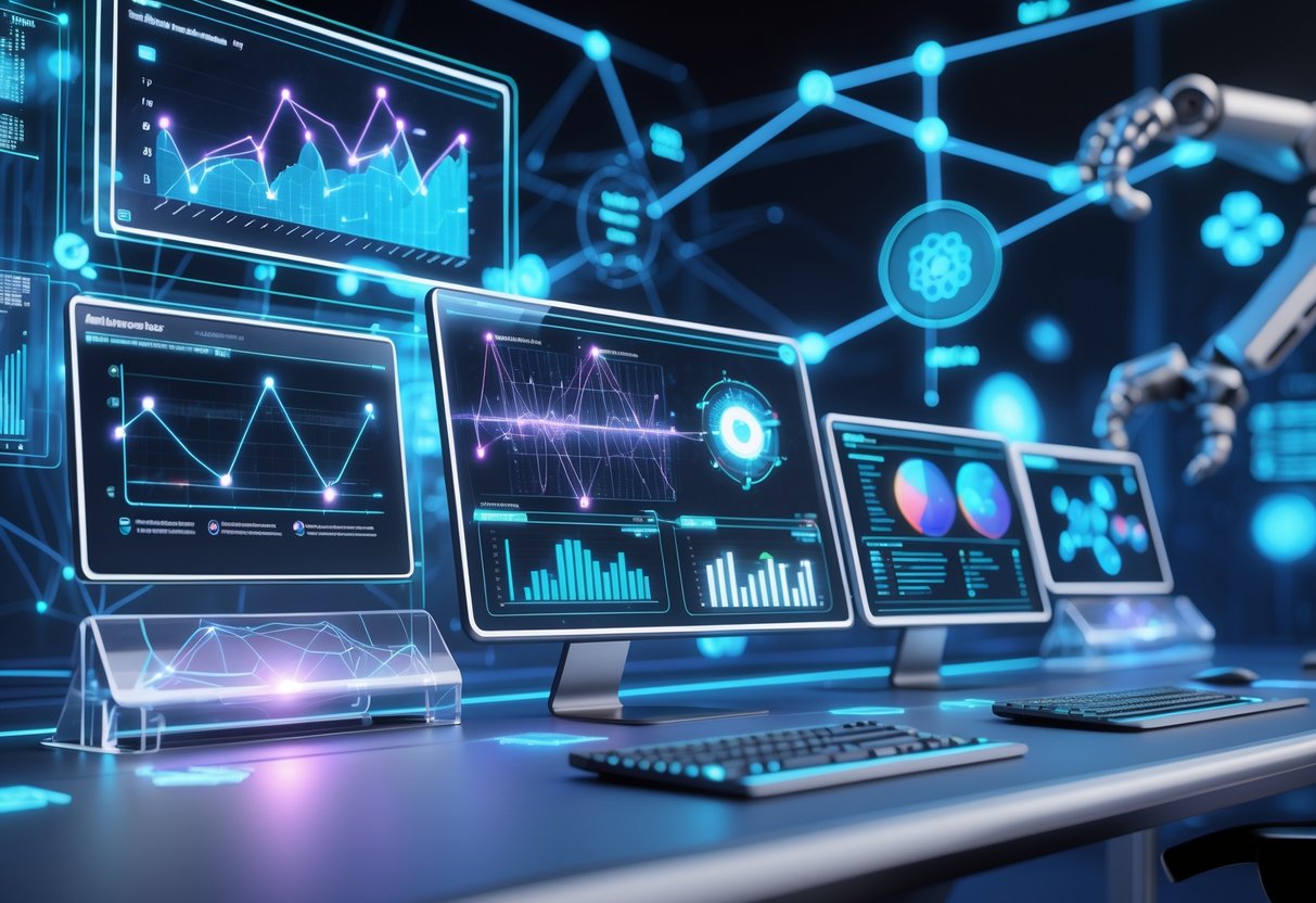 A futuristic workspace with holographic screens showing AI data visualisations and digital interfaces in a high-tech environment.