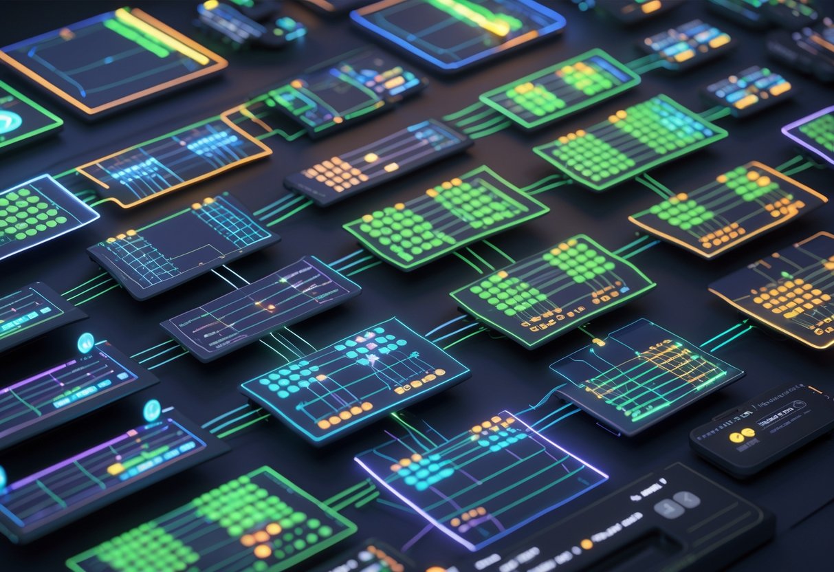 3D rendering of various tournament brackets showing different formats with colourful nodes and lines connecting participants in a futuristic digital setting.