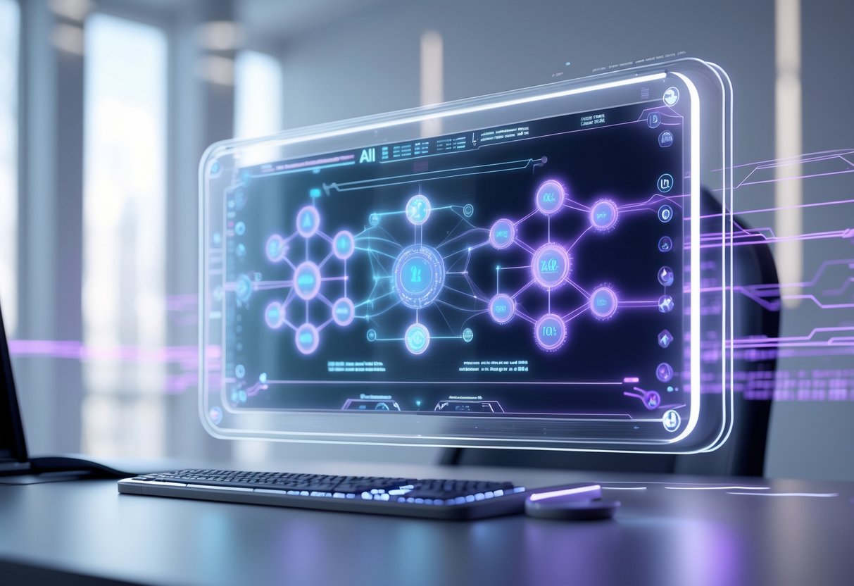 A 3D scene showing a holographic tournament bracket with glowing nodes and lines floating above a desk in a high-tech room.