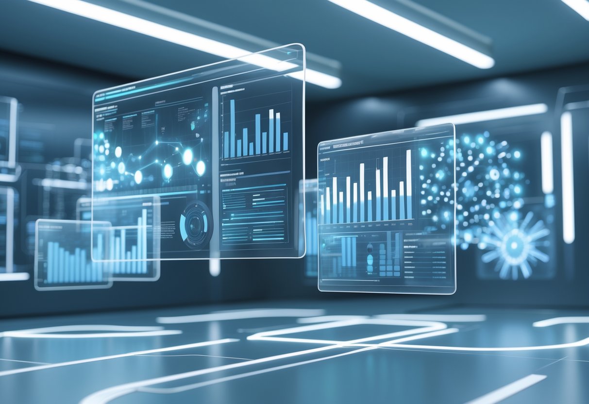 A 3D scene showing floating holographic screens with data visualisations in a futuristic control room.